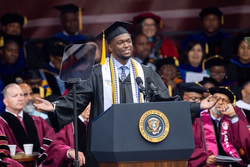 Valedictorian DeAngelo Fletcher speaks at the commencement ceremony at Morehouse College in Atlanta on Sunday, May 19, 2024. (Arvin Temkar / AJC)