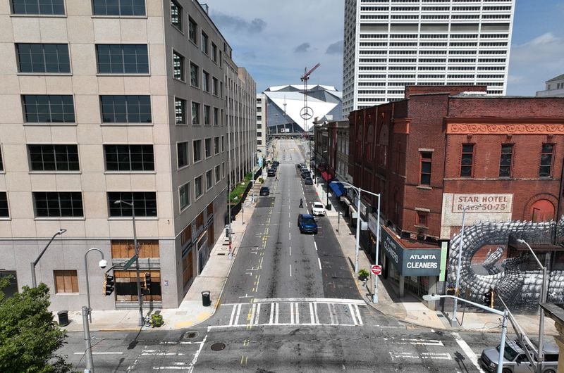 Aerial photo shows the 200 block of Mitchell St SW, Wednesday, August 9, 2023, in Atlanta. (Hyosub Shin / Hyosub.Shin@ajc.com)