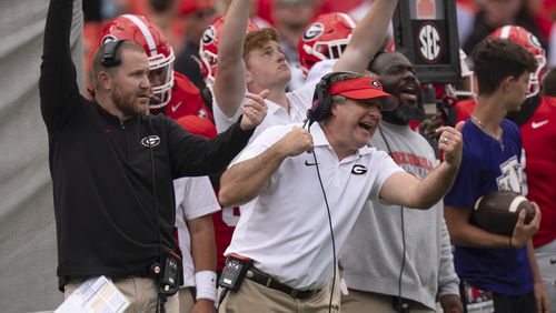 Georgia head coach Kirby Smart reacts on the sideline during the second half of an NCAA college football game against Tennessee Tech Saturday, Sept. 7, 2024, in Athens, Ga. (AP Photo/John Bazemore)